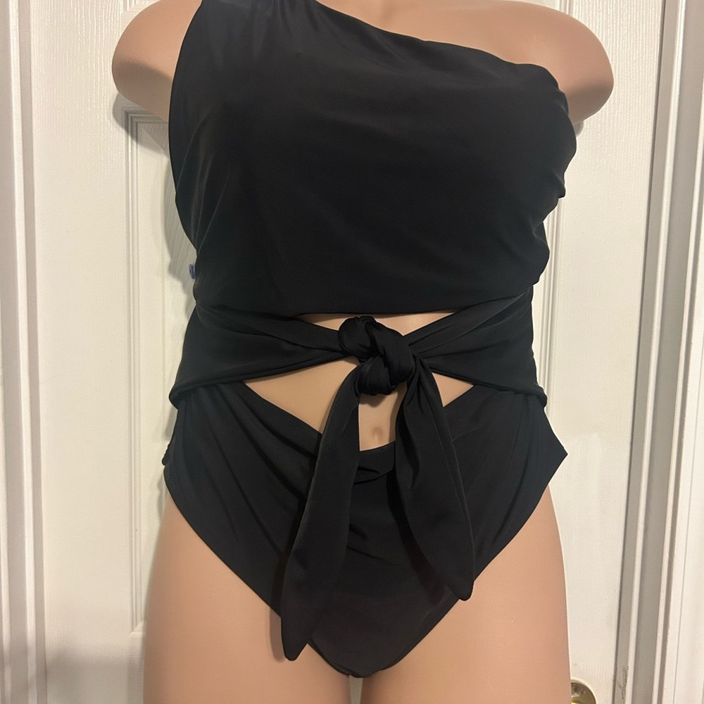 Eloquii One-Shoulder Black Tie-Front One-Piece Swimsuit